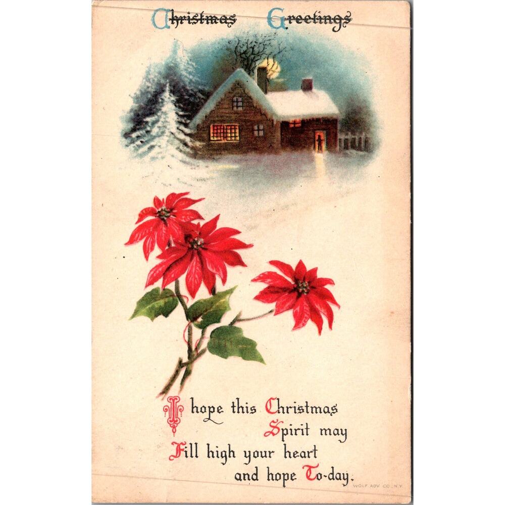 Christmas Greetings Snowy Cottage Scene & Poinsiettas Vintage Postcard SP17-26